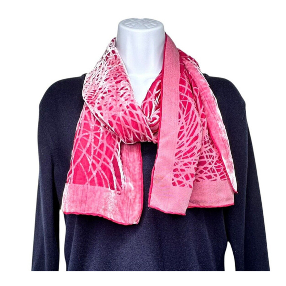COCOON HOUSE‎ Dusty Rose Red Vibrant Silk Velvet Devore Burnout Scarf Wrap 60x12